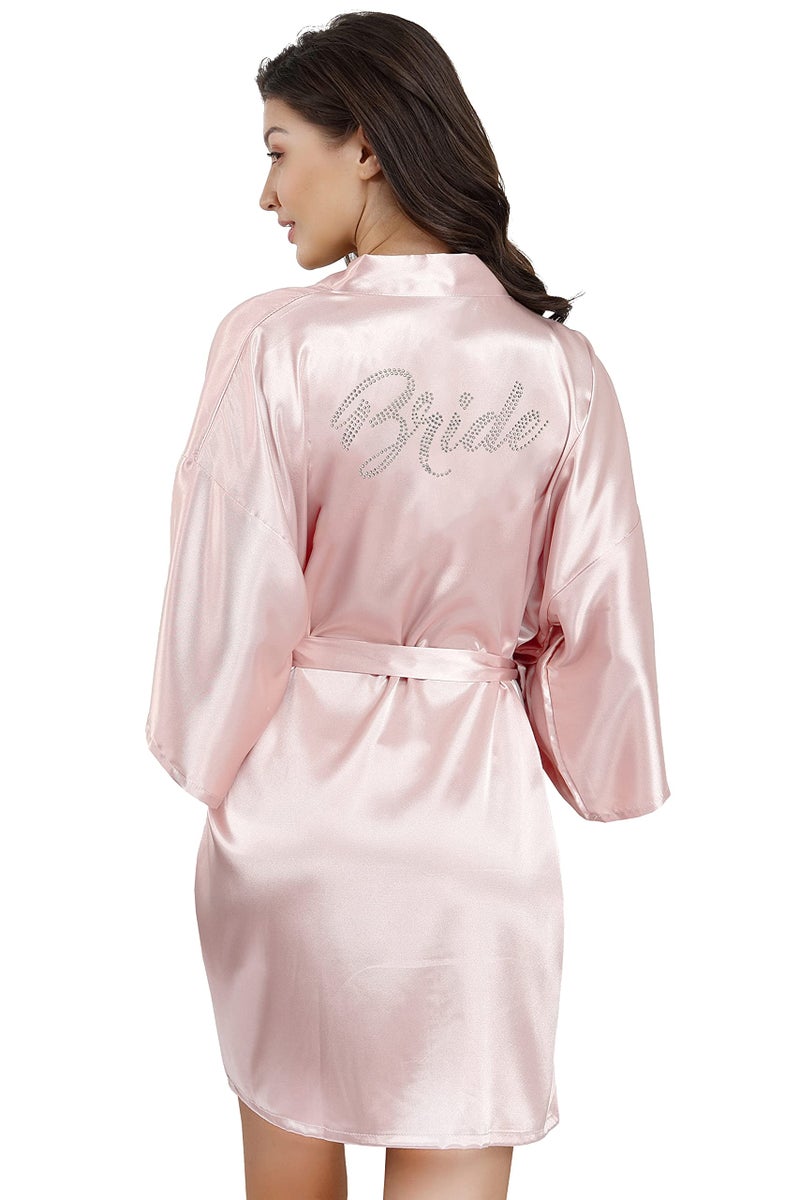 EPLAZA Women's One Size Silver Rhinestones Bride Bridesmaid Short Satin Robes for Wedding Party Getting Ready (Pink, Bride) - Image 2